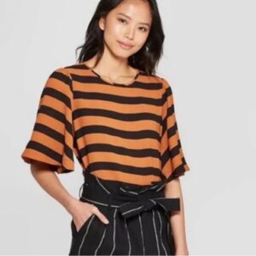 Who What Wear Black & Rust Stripe Blouse Flutter Sleeve Top Size L